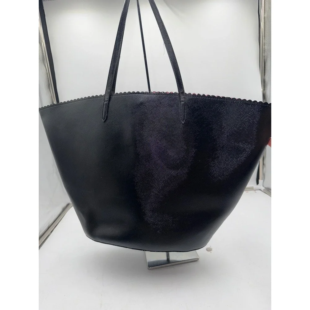 Victorias Secret Black Saffiano Scalloped Tote Bag Bombshell Floral Lining NEW